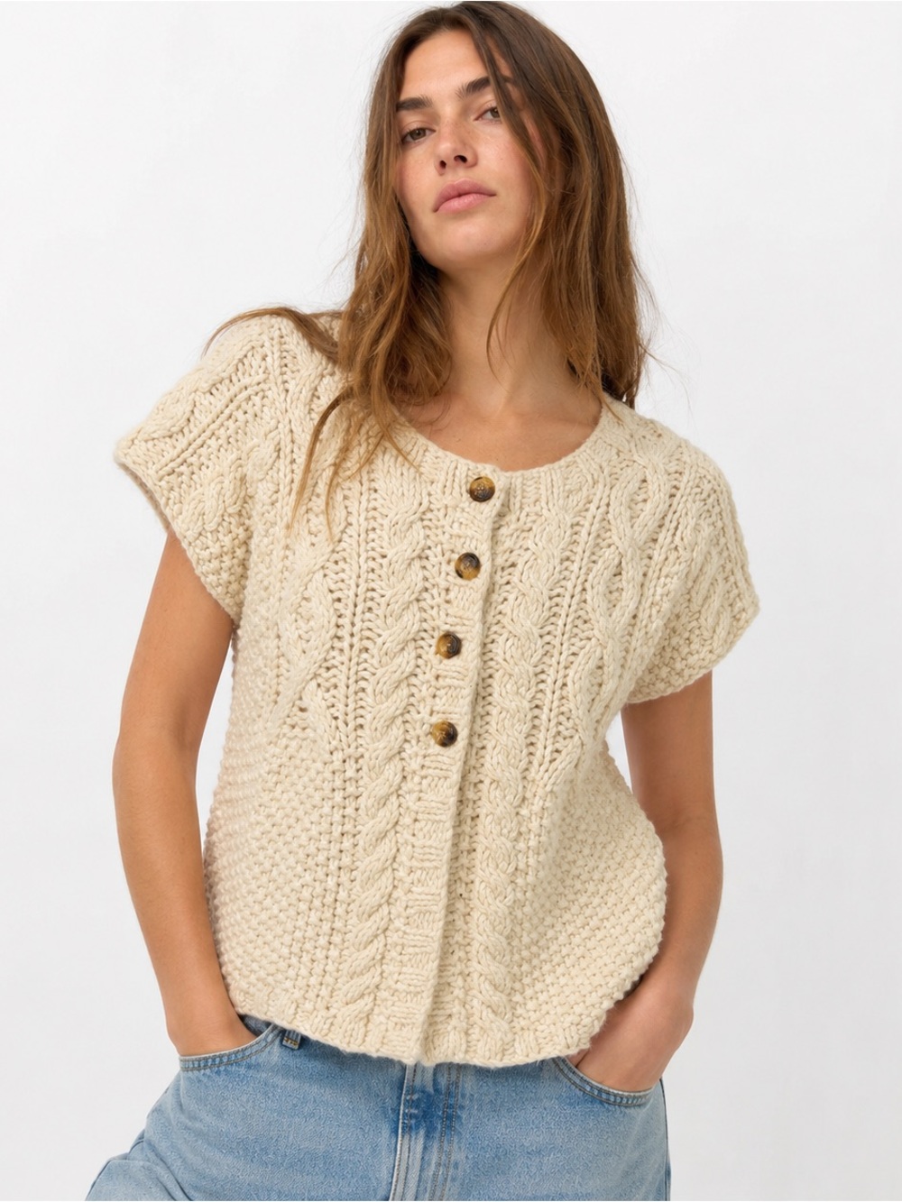 Kenji Cream Cable Knit Button-Front Short Sleeve Top